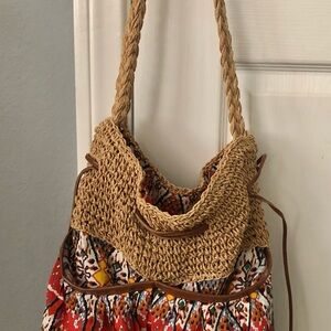 Boho Woven Straw and Patterned Fabric Shoulder beach or overnight Bag